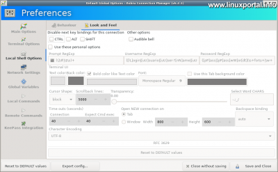 Connection Manager - Preferences - Local Shell Options - Look and Feel tab