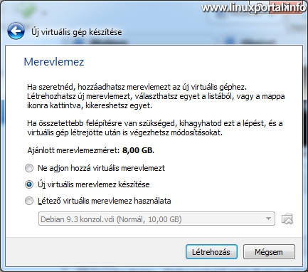 VirtualBox - Új virtuális gép készítése - Merevlemez