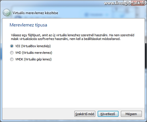 VirtualBox - Új virtuális gép készítése - Merevlemez típusa
