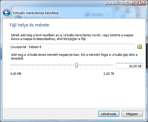 VirtualBox - Új virtuális gép készítése - Fájl helye és mérete