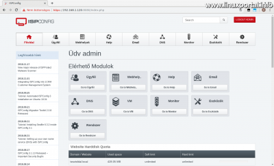 ISPConfig3 kezdőképernyő
