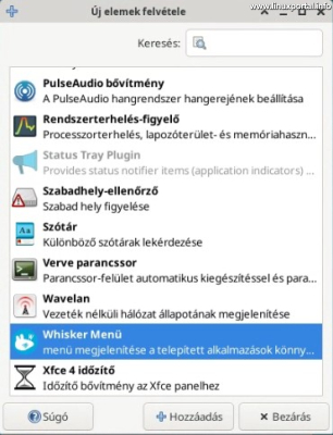 XFCE Desktop - Panel Settings - Elements - Add Element - Whisker Menu