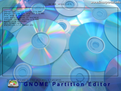 GParted Live's GRUB boot menu is a blue CD-like background where you can choose from various boot options.