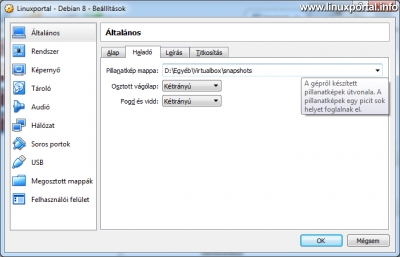 VirtualBox - Virtuális gép beállítások - Általános - haladó