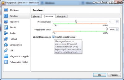 VirtualBox - Virtuális gép beállítások - Rendszer - Processzor