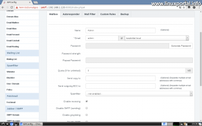 Webfiók létrehozása az ISPConfig rendszerben - Email cím létrehozása - Mailbox fül