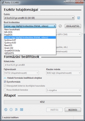 Bootolható pendrive készítése - Rufus 3.3 - Boot kiválasztása