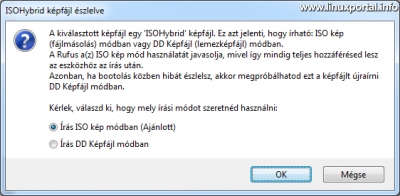 Bootolható pendrive készítése - Rufus 3.3 - "ISOHybrid képfájl észlelve" panel