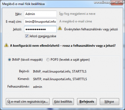 Mozilla Thunderbird - Email fiók beállítása - Rossz felhasználónév vagy jelszó