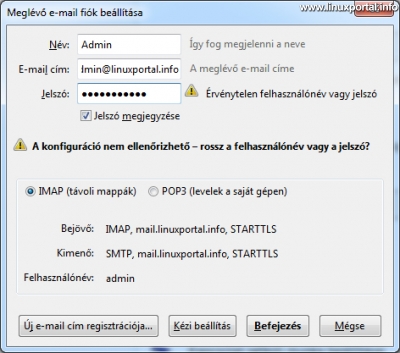 Mozilla Thunderbird - Email fiók beállítása - Rossz felhasználónév vagy jelszó