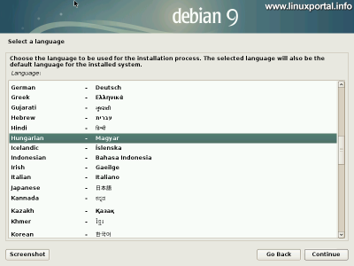 Debian 9 (Stretch) minimális szerver telepítése - Nyelv kiválasztása