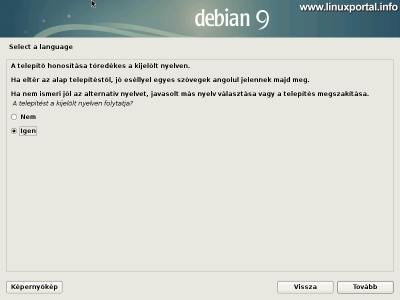 Debian 9 (Stretch) minimális szerver telepítése - Nyelv figyelmeztetés