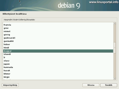 Debian 9 (Stretch) minimális szerver telepítése - Billentyűzet kiválasztása