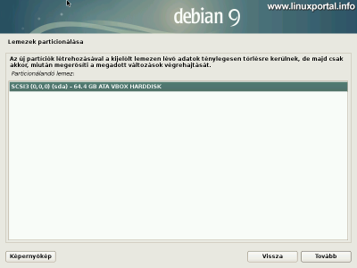 Debian 9 (Stretch) minimális szerver telepítése - Lemezek partícionálása - Particionálandó lemez kiválasztása