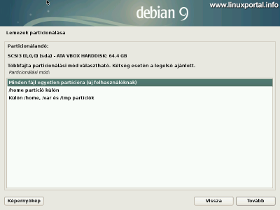 Debian 9 (Stretch) minimális szerver telepítése - Lemezek partícionálása - Partícionálási mód