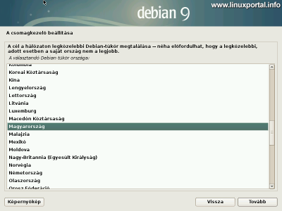 Debian 9 (Stretch) minimális szerver telepítése - Csomagkezelő beállítása - Debian tükör kiválasztása