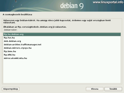 Debian 9 (Stretch) minimális szerver telepítése - Csomagkezelő beállítása - Debian tükör kiválasztása