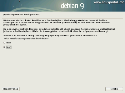 Debian 9 (Stretch) minimális szerver telepítése - Popularity-contest konfigurálása