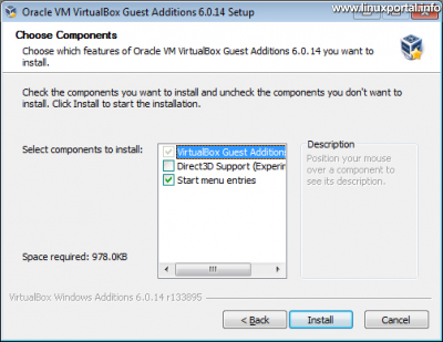 VirtualBox vendég integrációs szolgáltatások (Guest Additions) telepítő 3. ablak - Összetevők kiválasztása
