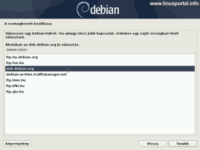 Debian 10 (Buster) minimális szerver telepítése - Debian helyi tükör kiválasztása