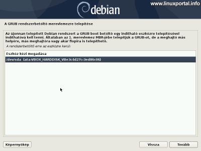 Debian 10 (Buster) minimális szerver telepítése - Grub rendszerbetöltő telepítési helye