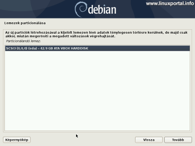 Debian 10 (Buster) minimális szerver telepítése - Particionálandó lemez kiválasztása