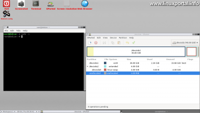 GParted Live - Root terminál és a GParted program