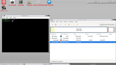 GParted Live - Root terminal and GParted program