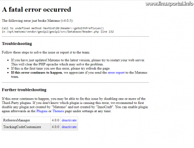 Matomo - GeoIP - fatal error - MaxmindDB reader error - getWithPrefixLen () method does not exist