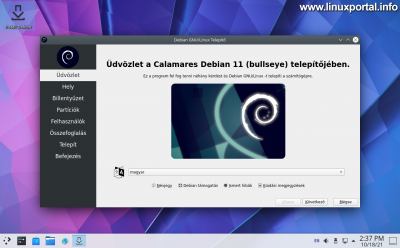 Debian 11 (Bullseye) KDE Plasma Calamares Installer - Welcome and language selection