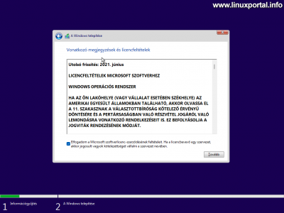Windows 11 telepítése - Licencfeltételek elfogadása