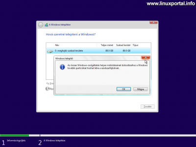 Windows 11 telepítése - Merevlemez particionálása - Új partíció létrehozása - Figyelmeztetés