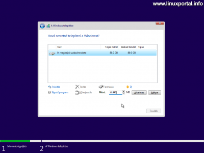 Windows 11 telepítése - Merevlemez particionálása - Új partíció létrehozása
