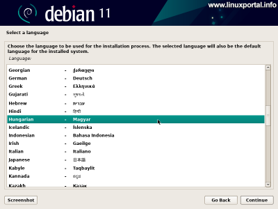 Installing Debian 11 (Bullseye) - Selecting a language