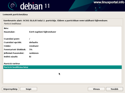 Installing Debian 11 (Bullseye) - Partitioning - Root File System Partition Settings