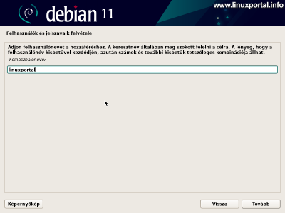 Installing Debian 11 (Bullseye) - Entering a new user username