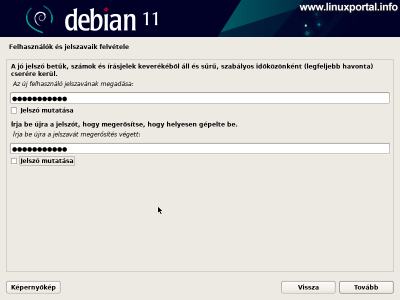 Installing Debian 11 (Bullseye) - Entering a new user password