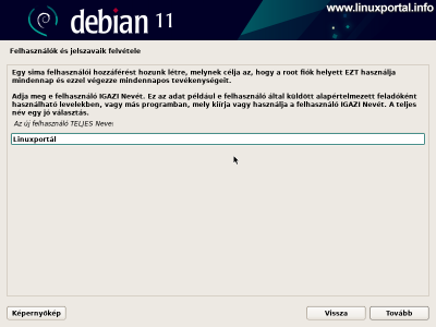 Installing Debian 11 (Bullseye) - Enter the full name of a new user