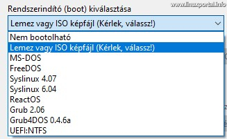 Rufus - Rendszerindító (boot) kiválasztása