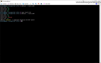 The output of the md5sum command when checking a file with changed content